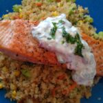 Seared Salmon with Quinoa, Corn, Edamame and Carrot with Cucumber-Lime Raita