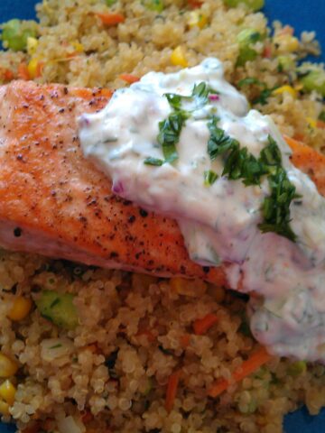 Seared Salmon with Quinoa, Corn, Edamame and Carrot with Cucumber-Lime Raita