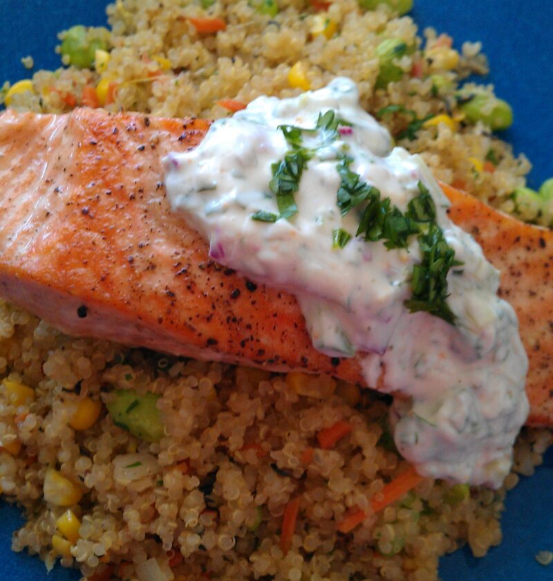 Seared Salmon with Quinoa, Corn, Edamame and Carrot with Cucumber-Lime Raita